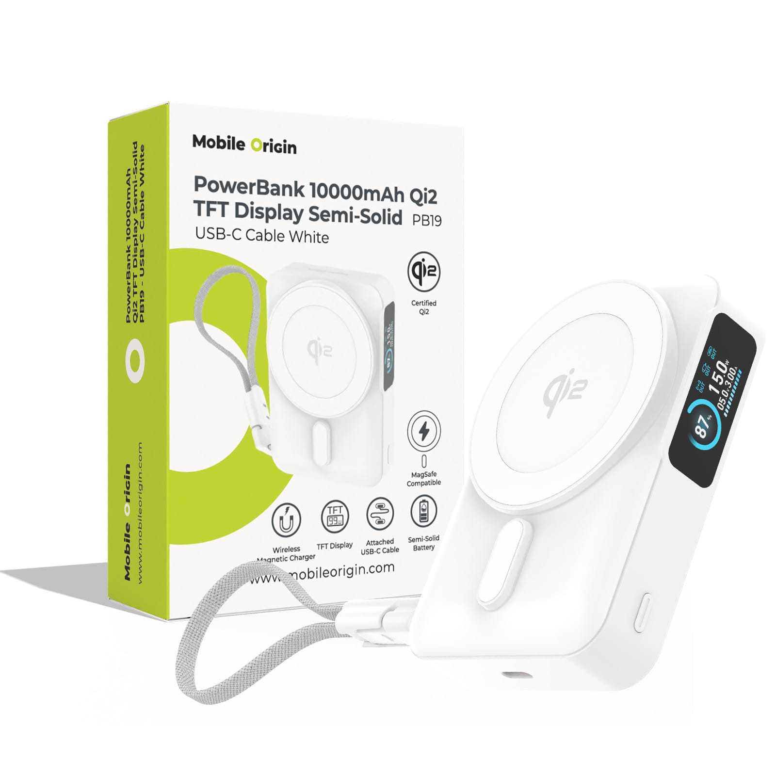 Power Bank Mobile Origin PB19 10000mAh Qi2 MagSafe TFT Display λευκό