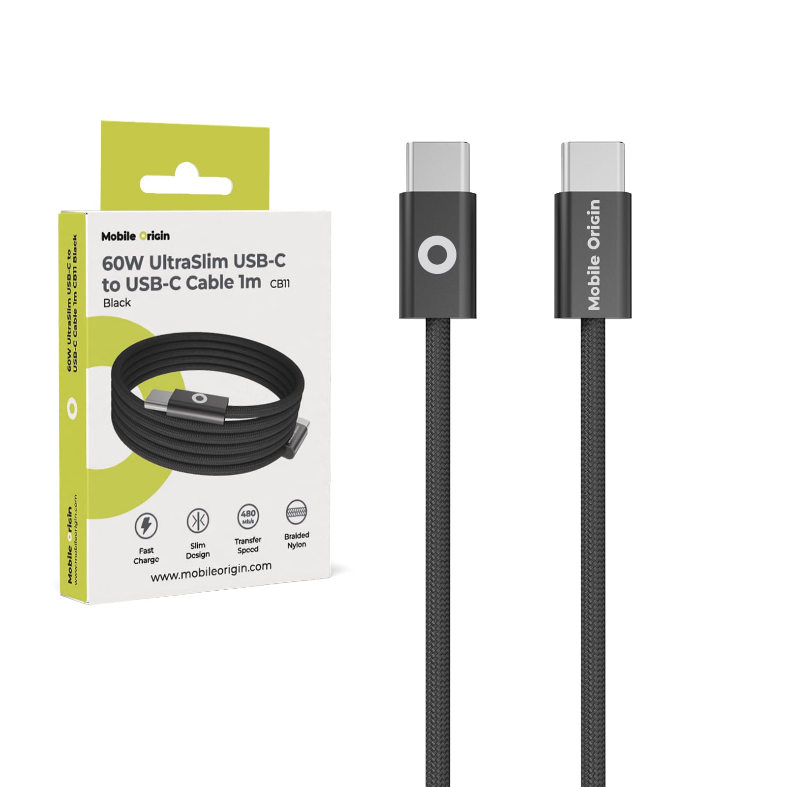 Καλώδιο USB-C σε USB-C Mobile Origin CB11 UltraSlim 60W 1m Black