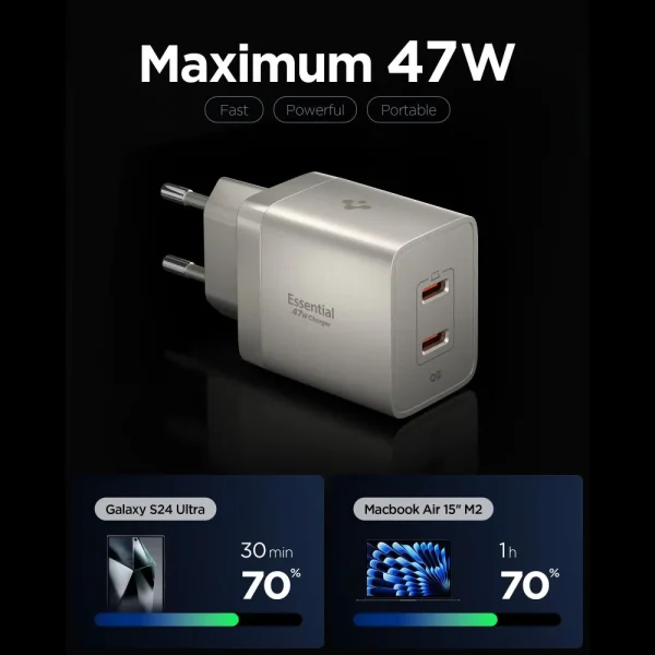 Φορτιστής Τοίχου Spigen Essential EE472EU-GAN 47W 2x USB-C Natural Titanium (ACH10451) - Image 7