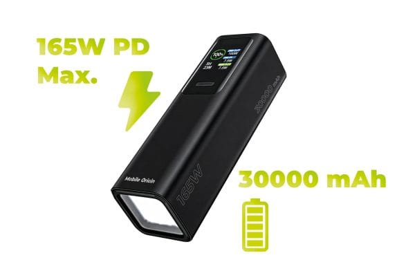 Mobile Origin 30000 mAh TFT Display & Flashlight PowerBank PB17 - 2x USB-C + USB-A