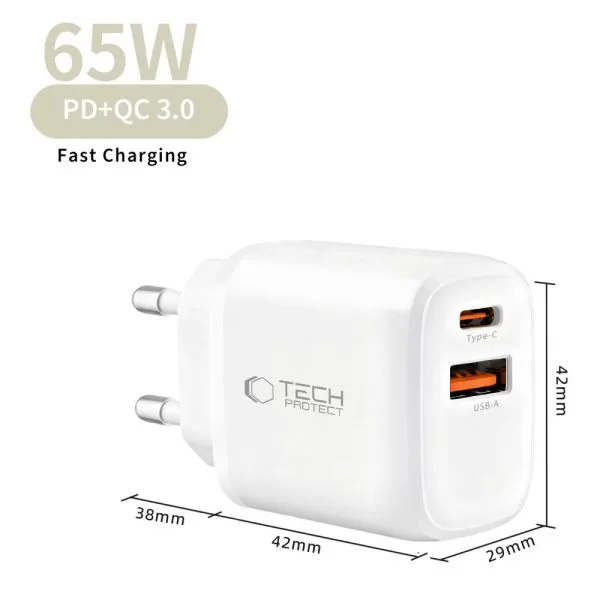 Φορτιστής Τοίχου Tech-Protect NCA65W-GAN 65W USB-C PD / USB-A QC 3.0 White - Image 4