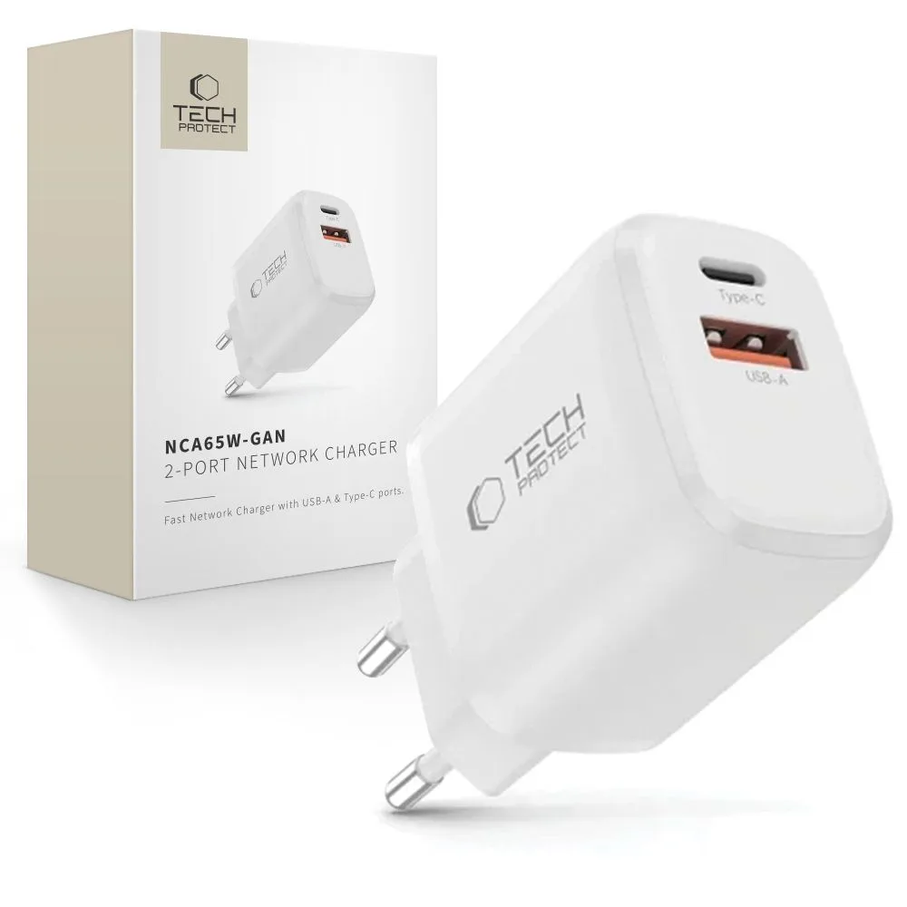 Φορτιστής Τοίχου Tech-Protect NCA65W-GAN 65W USB-C PD USB-A QC 3.0 White