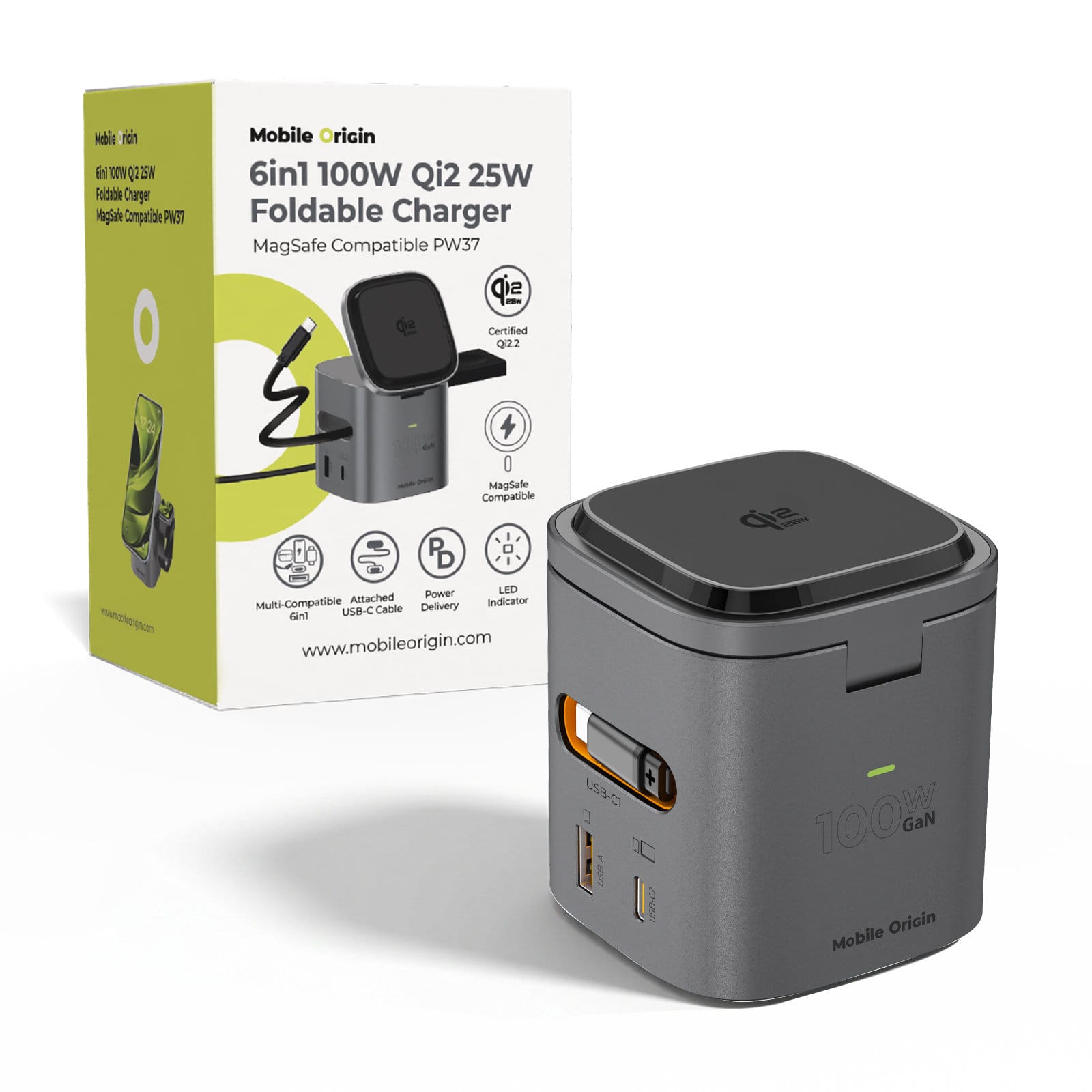 Ασύρματος Φορτιστής 6 σε 1 Mobile Origin PW37 Foldable Qi2 25W MagSafe 100W Space Gray