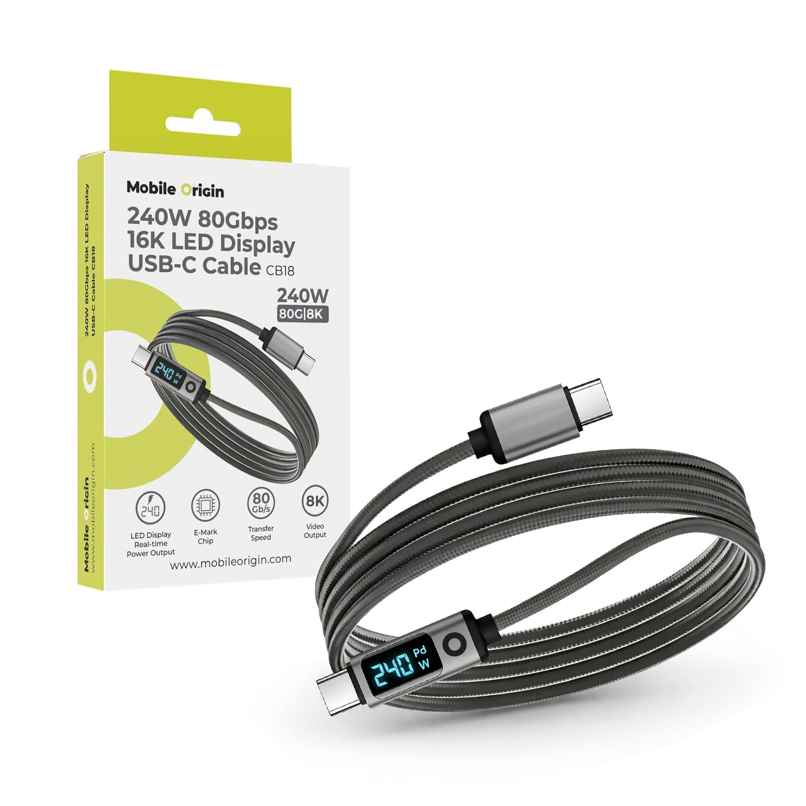 Καλώδιο USB-C σε USB-C 240W 80Gbps 8K 1.5m με LED Mobile Origin CB18 MO-LDU-CB18