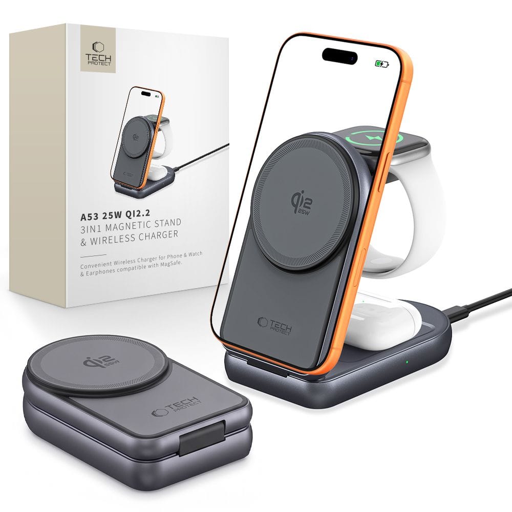 Ασύρματος Φορτιστής 3 σε 1 Tech-Protect A53 MagSafe Qi2.2 25W Dark Grey