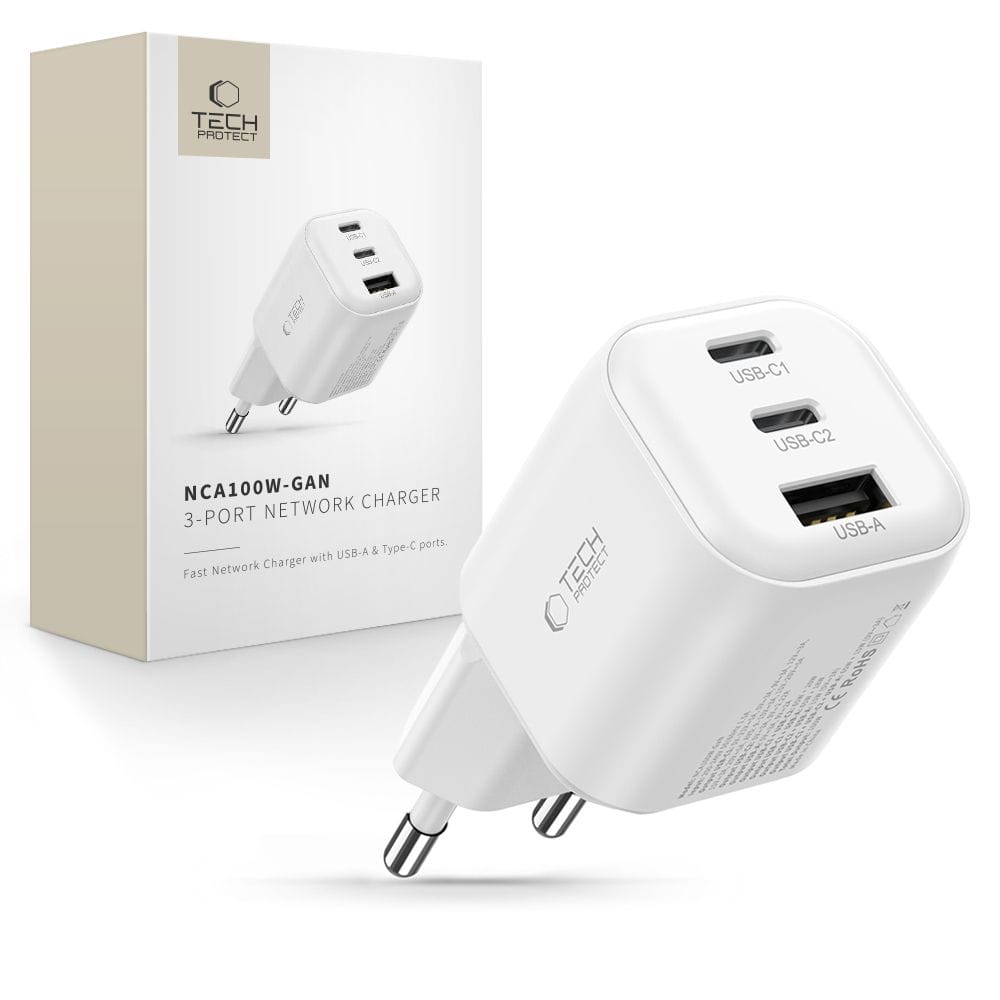 Φορτιστής Τοίχου GaN Tech-Protect NCA100W-GaN-AVS 100W White με 2 USB-C και USB-A