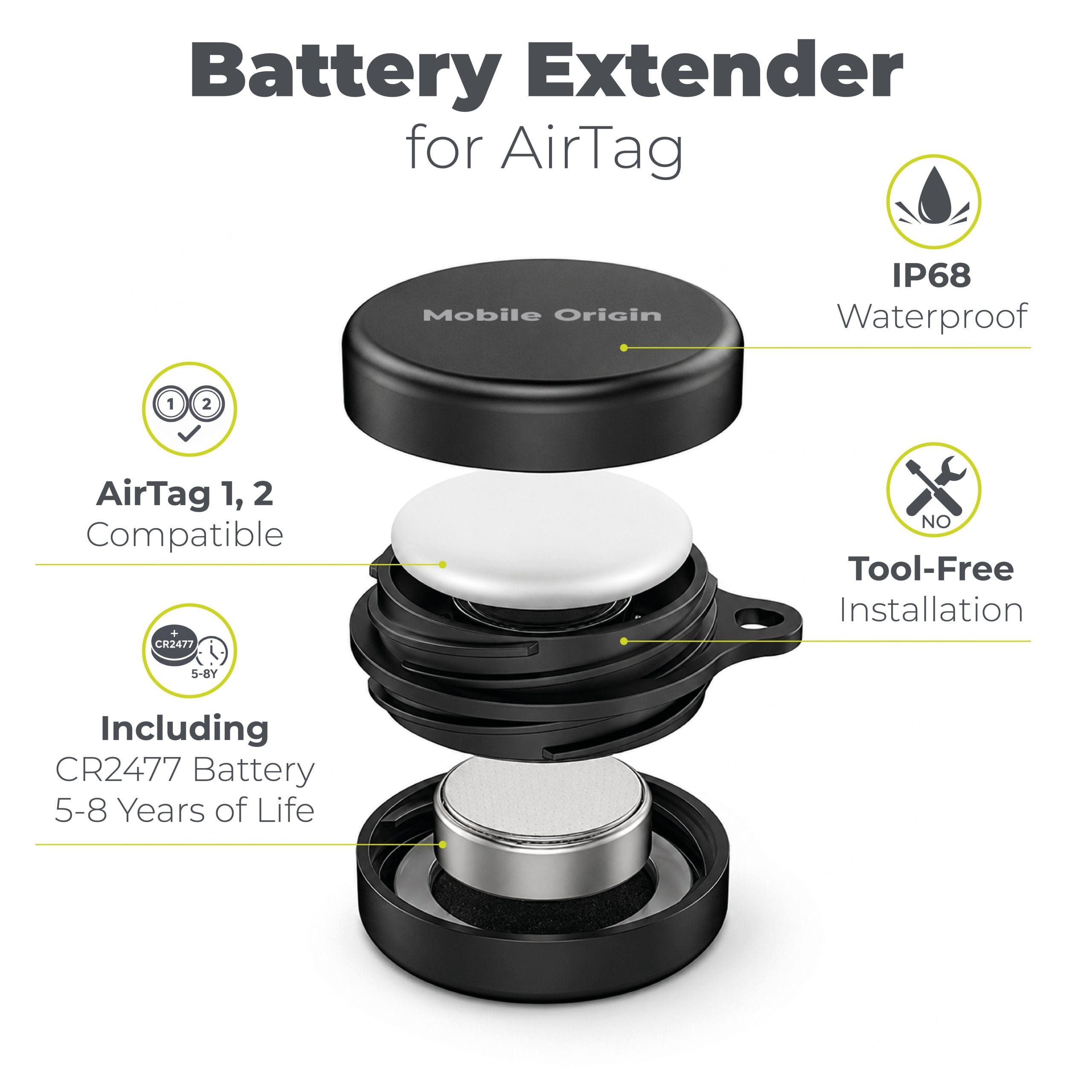 Mobile Origin AirTag Battery Extender A8 Black with Battery CR2477