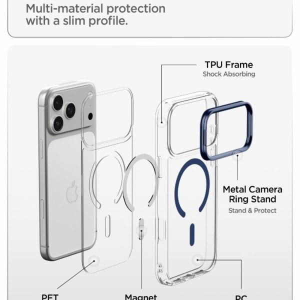 Θήκη iPhone 18 Pro Max / 17 Pro Max Spigen Ultra Hybrid Optik S MagFit MagSafe Kickstand Clear/Deep Blue (ACS11909) - Image 8